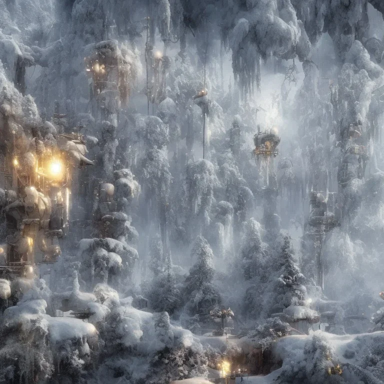 winter landscape, bells, ice, dreamy, science fiction