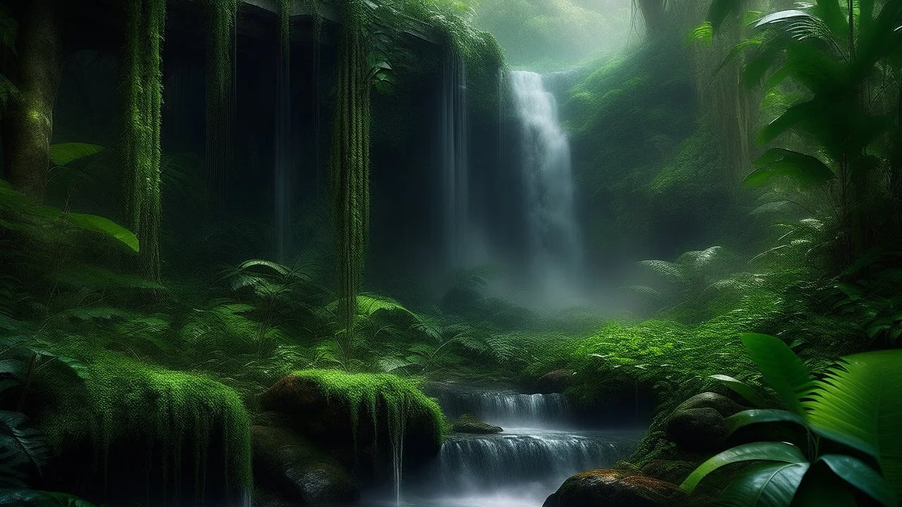 A mysteriously enchanting waterfall hidden in a lush jungle, where elusive creatures hide in the shadows. The cascading water glows with an ethereal light, surrounded by thick foliage and eerie mist. In a stunning painting, the waterfall is depicted with striking realism and detail, capturing the otherworldly feel of the scene. The verdant hues and intricate textures enhance the sense of mystery, inviting viewers to gaze into the depths of the unknown.