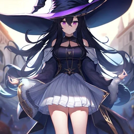 Clear focus, High resolution, Black long fluffy hair, purple eyes, wearing a witch outfit, wearing a white short skirt