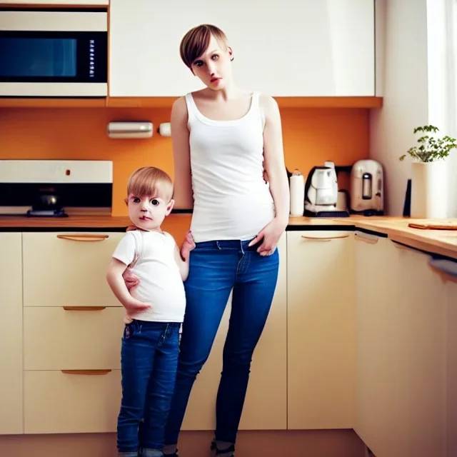 Realistic photo Russian shorthair beautiful tomboy boyish boylike young mother wide hips in kitchen