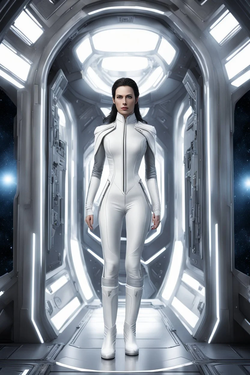 photorealistic slim woman looking like Drusilla with white boots in a heroic pose at the entrance to a spaceship