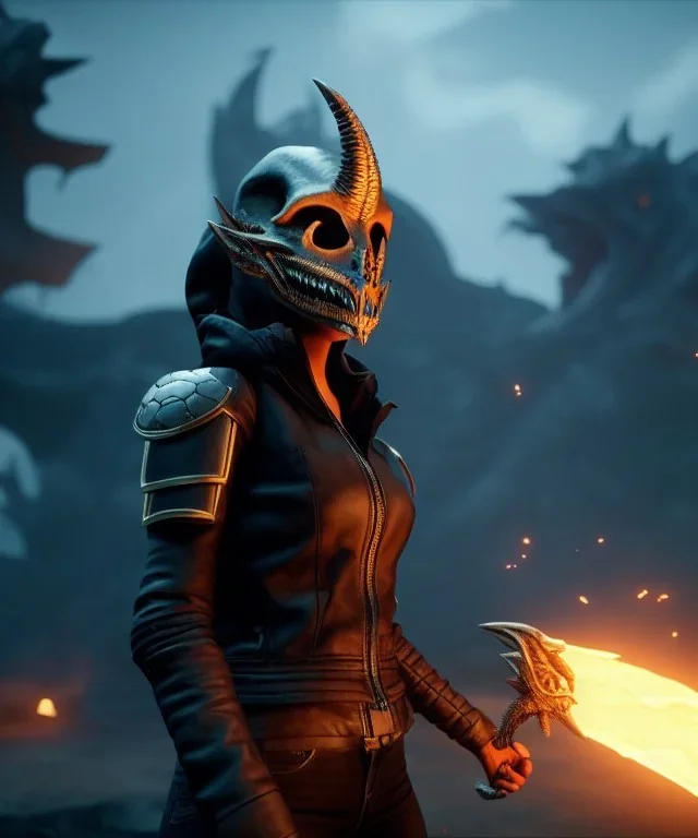 A badass Sofia Buttela wearing a dragon skull mask, atmospheric, realistic, unreal engine, cinematic lighting, octane render.