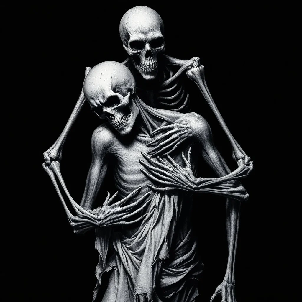 The image is a dark, haunting, monochromatic artwork that portrays a skeletal figure embracing or overpowering a human-like strong male figure. The skeletal entity looms from behind, its bony arms wrapped around the human, who appears to be partially draped in tattered cloth and in a state of despair or submission. ...