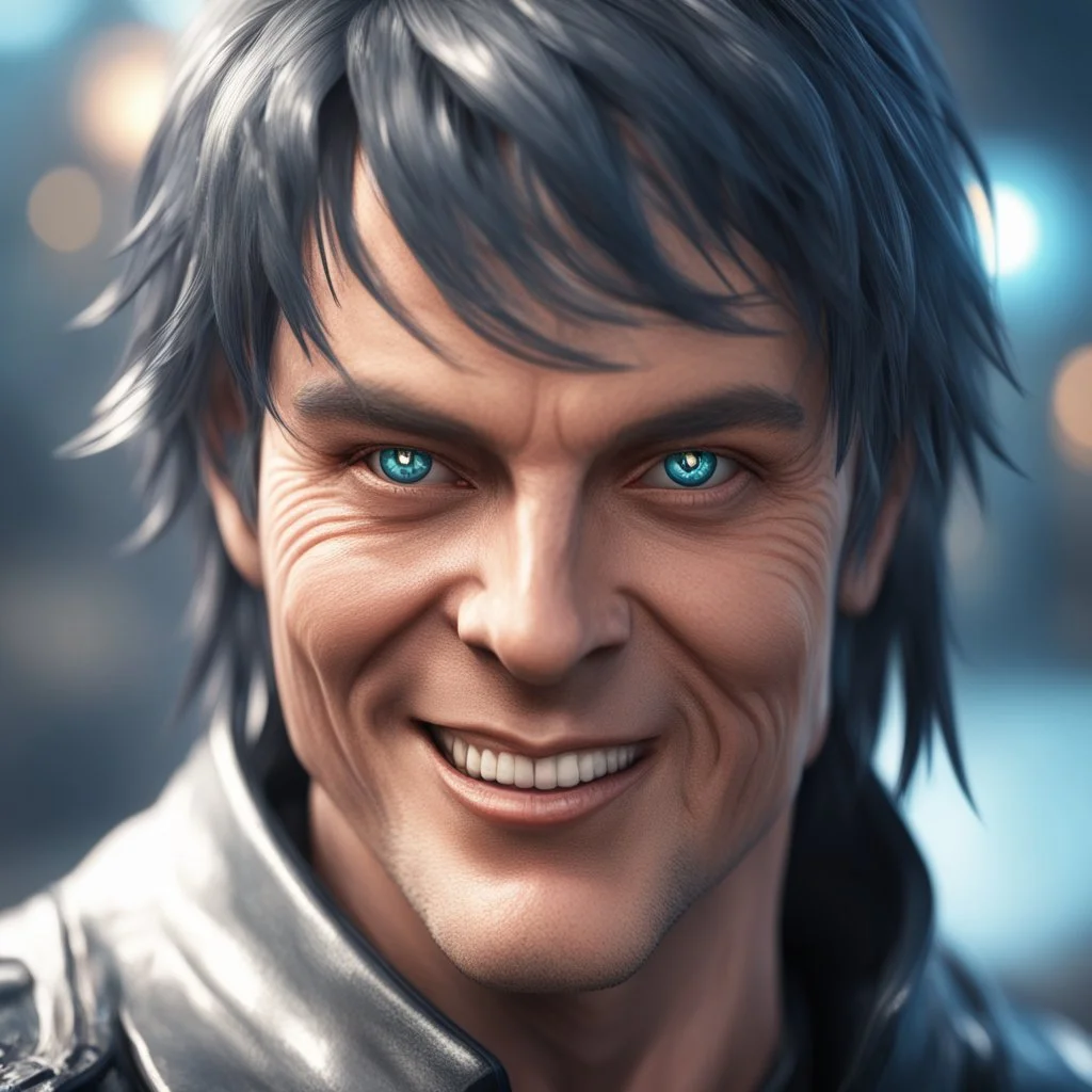 smiling david icke as cyperpunk witch hunter with dark hair, dark blue eyes and black tattoes,bokeh like f/0.8, tilt-shift lens 8k, high detail, smooth render, down-light, unreal engine,bokeh like f/0.8, tilt-shift lens 8k, high detail, smooth render, down-light, unreal engine