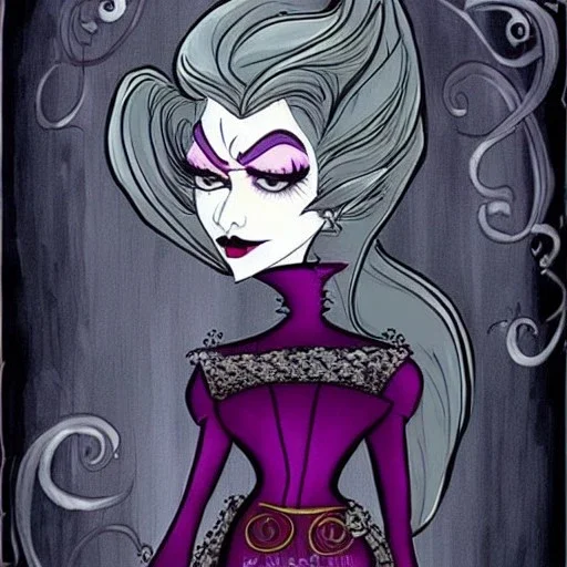 extrem tim burton style and disney style of an old and extrem malicious stepmother, sharp focus, sneaky eyes, old face