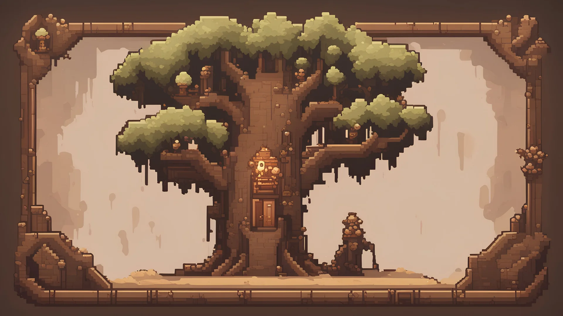 the button to exit back in the game about the Middle Ages in light brown tones of the pixelart tree