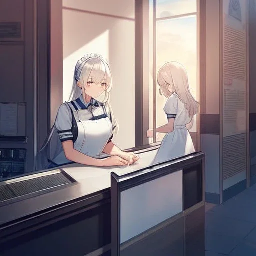 one anime girl in a waitress uniform sitting at a booth in a busy diner with two identical white coffee cups on the table, one white teacup is full and the other white cup is empty, windows and a door, cashier