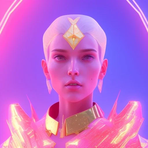 A portrait of a crystalised blue pink extraterrestrial, gold, diamonds, sunny background, atmospheric, realistic, unreal engine, 8k. Cinematic lighting, octane render.