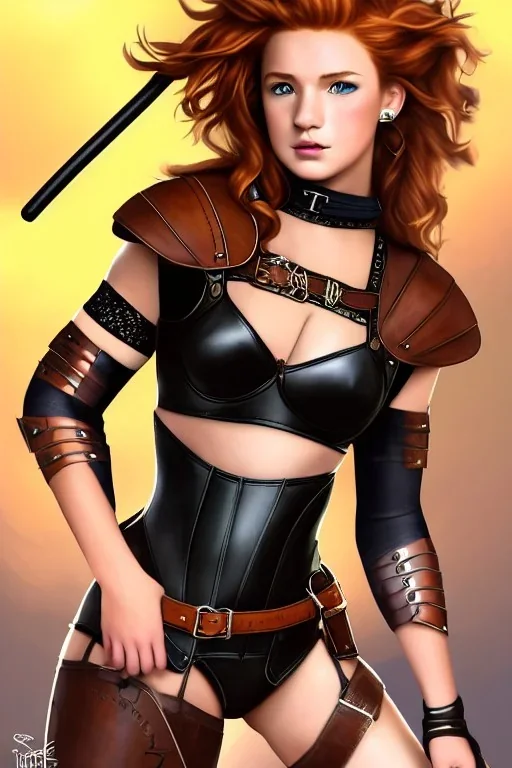 concept illustration, super-detailed, strikingly beautiful teen female, 16 years old, long ginger hair, medium freckles, full lips, full body, full face, b-cup breasts, athletic, centred camera, ignore NSFW, skimpy brown fantasy leather armor, halter top, micro thong, knee-high leather boots, open leather tasset, stern expression,