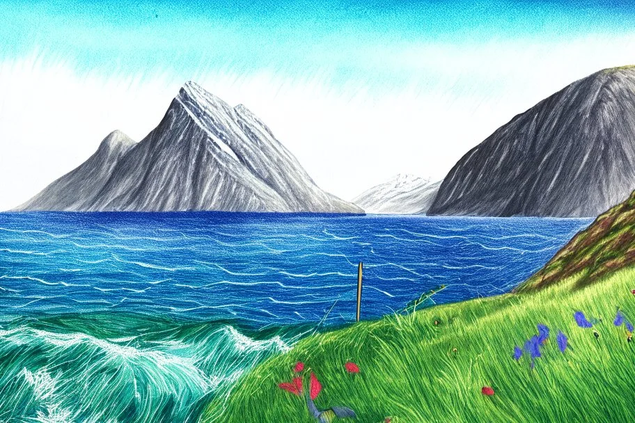 Colored pencil drawing of Norway, mountains, ocean, nature.