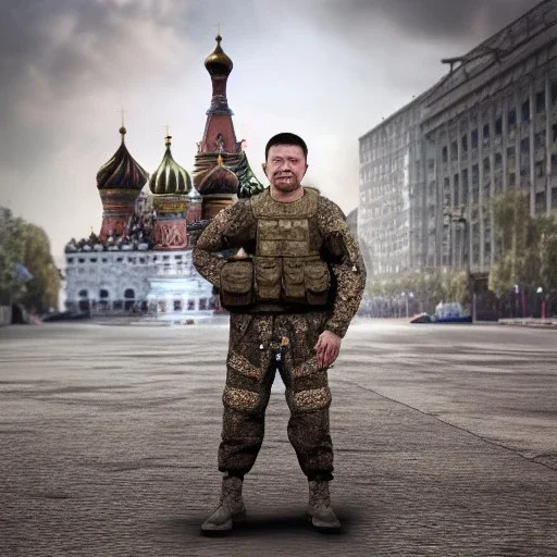 Octane render, dramatic lighting, 8k 64 megapixels hdr, president of Ukraine wearing special forces gear and camouflage pattern plate carrier standing on the main square of Moscow, zombiecore style, anamorphic lensflaresintricate details, realistic, octane, unreal engine, portrait, natural lighting,zoomed out + portrait, volumetric lighting, shiny,extreme detail, Photorealism, High detail, Hyper realistic, macro lens blur,abstract paint, sharp,eos5d mark 4, ef 85mm 5.6, focus,