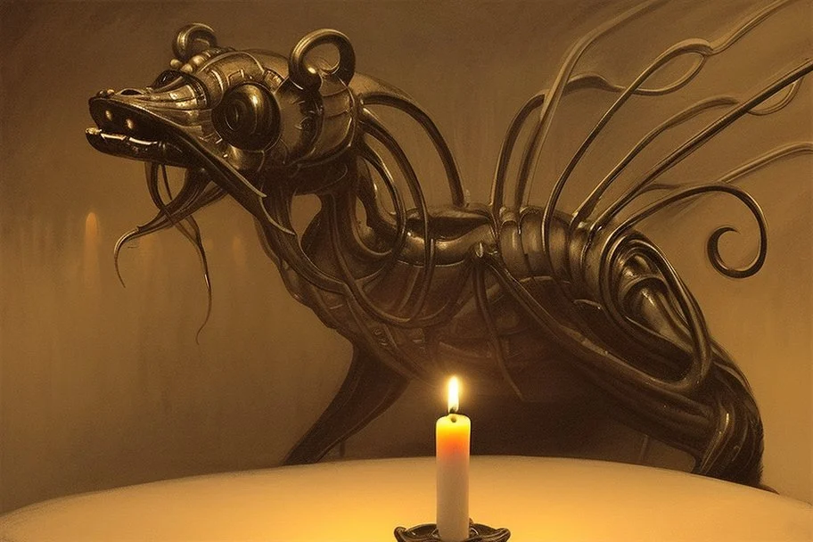 cute coffeshop creature H. R. Giger in candlelight