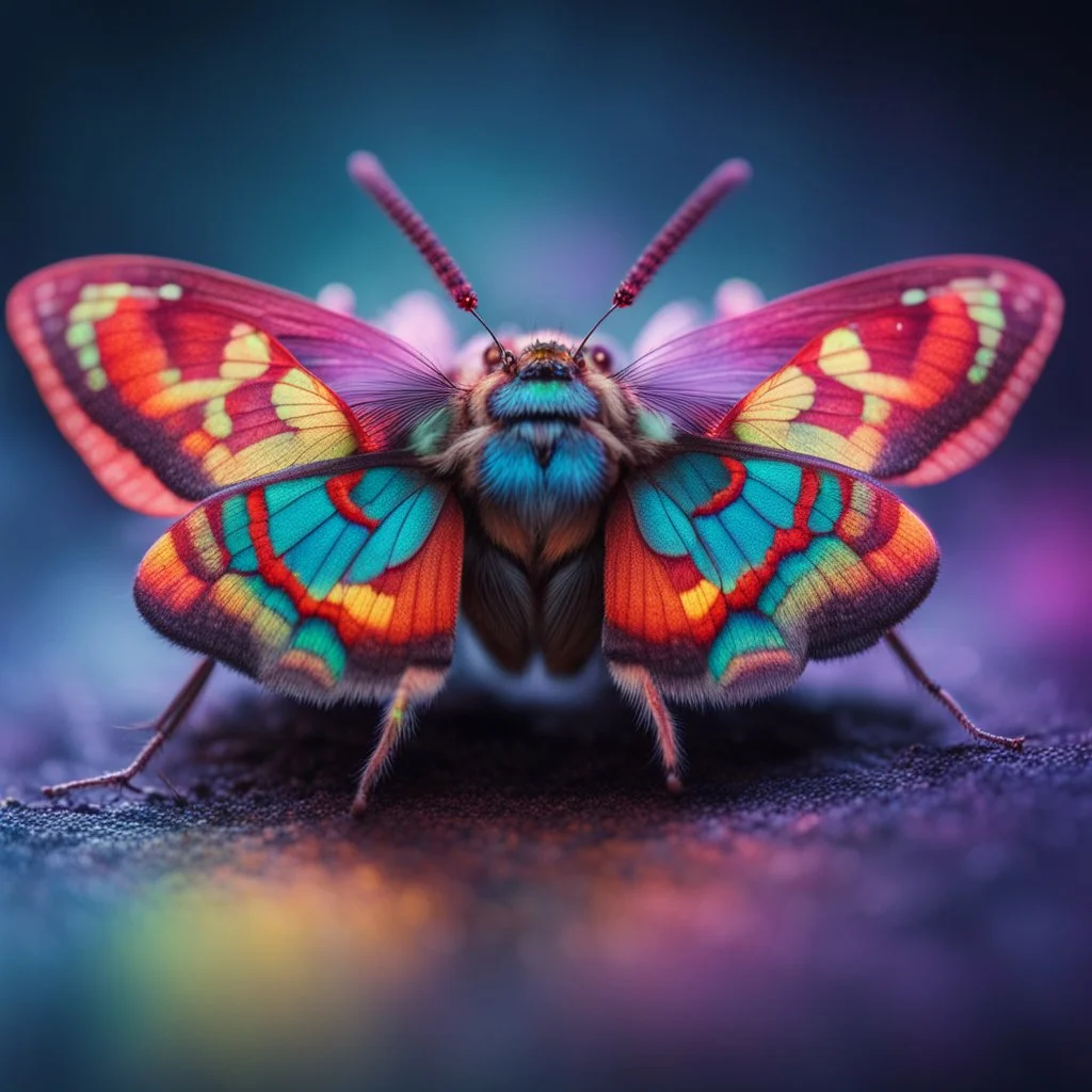 Glowing Colorful Moth 1.5mm field of view Olympus macro gear at 5:1 magnification. Modifiers: sharp focus elegant fantasy bright studio setting studio lighting photorealistic very attractive beautiful wallpaper award winning imperial colors fantastic view hyperrealistic ultra detailed 4K 3D very cute cinematic postprocessing acrylic art