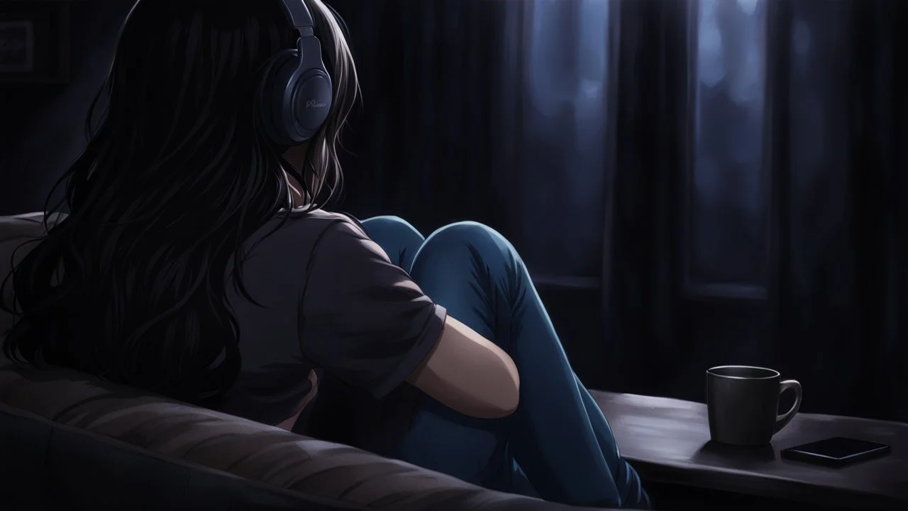 dark 3d anime style, close up in the foreground back to the camera a woman sitting on sofa with her knees pulled to her chest.. in comfortable t-shirt and jeans clothes.. her is normal body not too thin,,Her face is not visible at all. She long dark hair partially covering the side of her head. a headphones on her head and near a table with one mug and a mobilphone on table, heavy dark courtains covers window suggesting to shut out the outside world. She is facing the window,