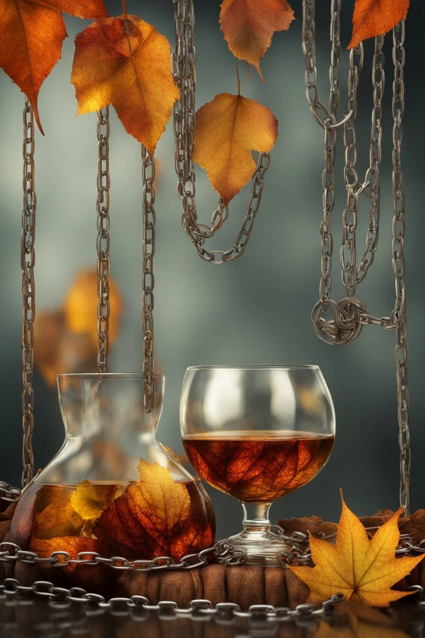 Beautiful background with autumn leaves, glass, reflections, smoke and chains, abstract and combined together