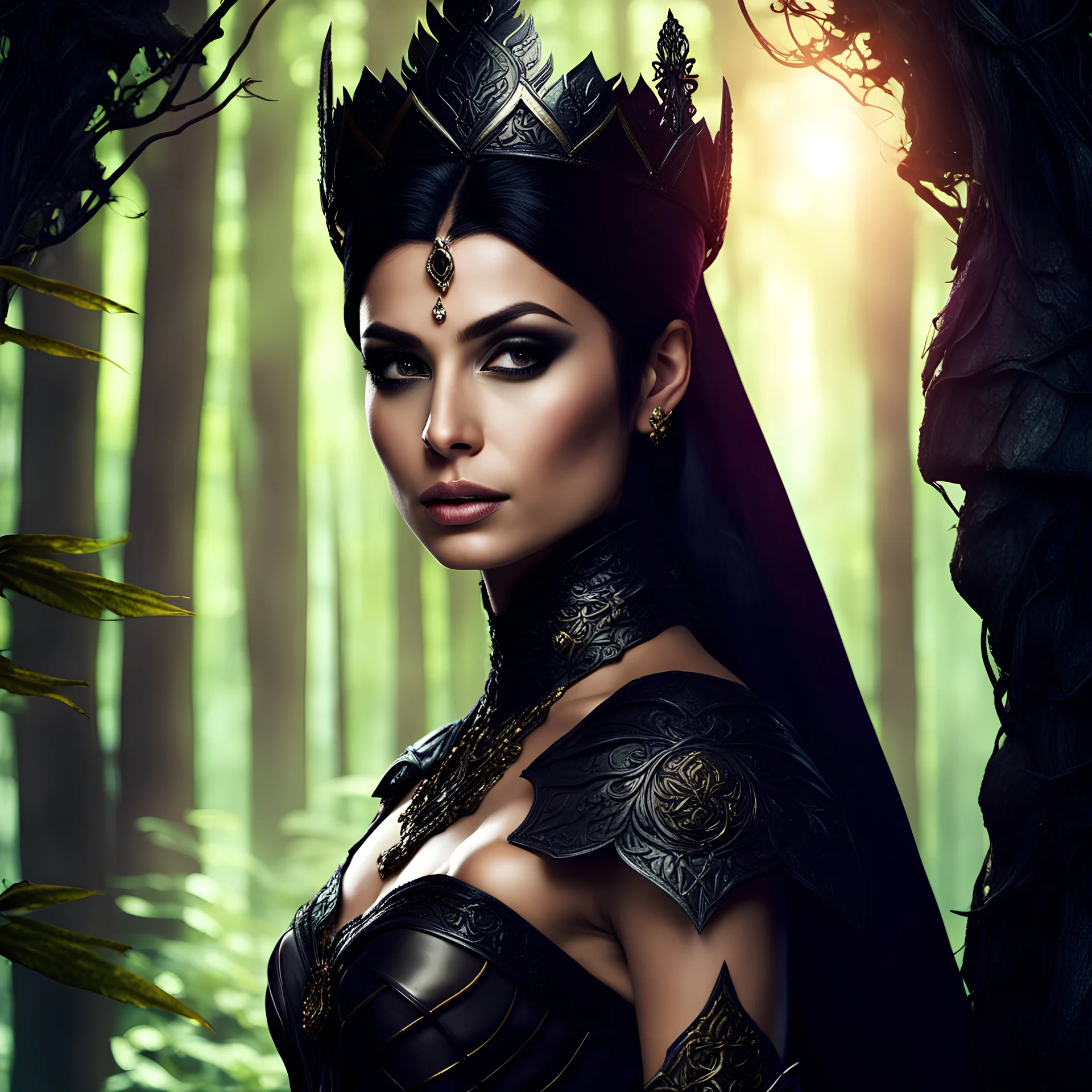 Morena Baccarin as a beautiful sexy dark elf queen seated elegantly on a throne in a mystical forest, dark celtic vignette frame, photo-realistic, cinematic lighting, award-winning photography