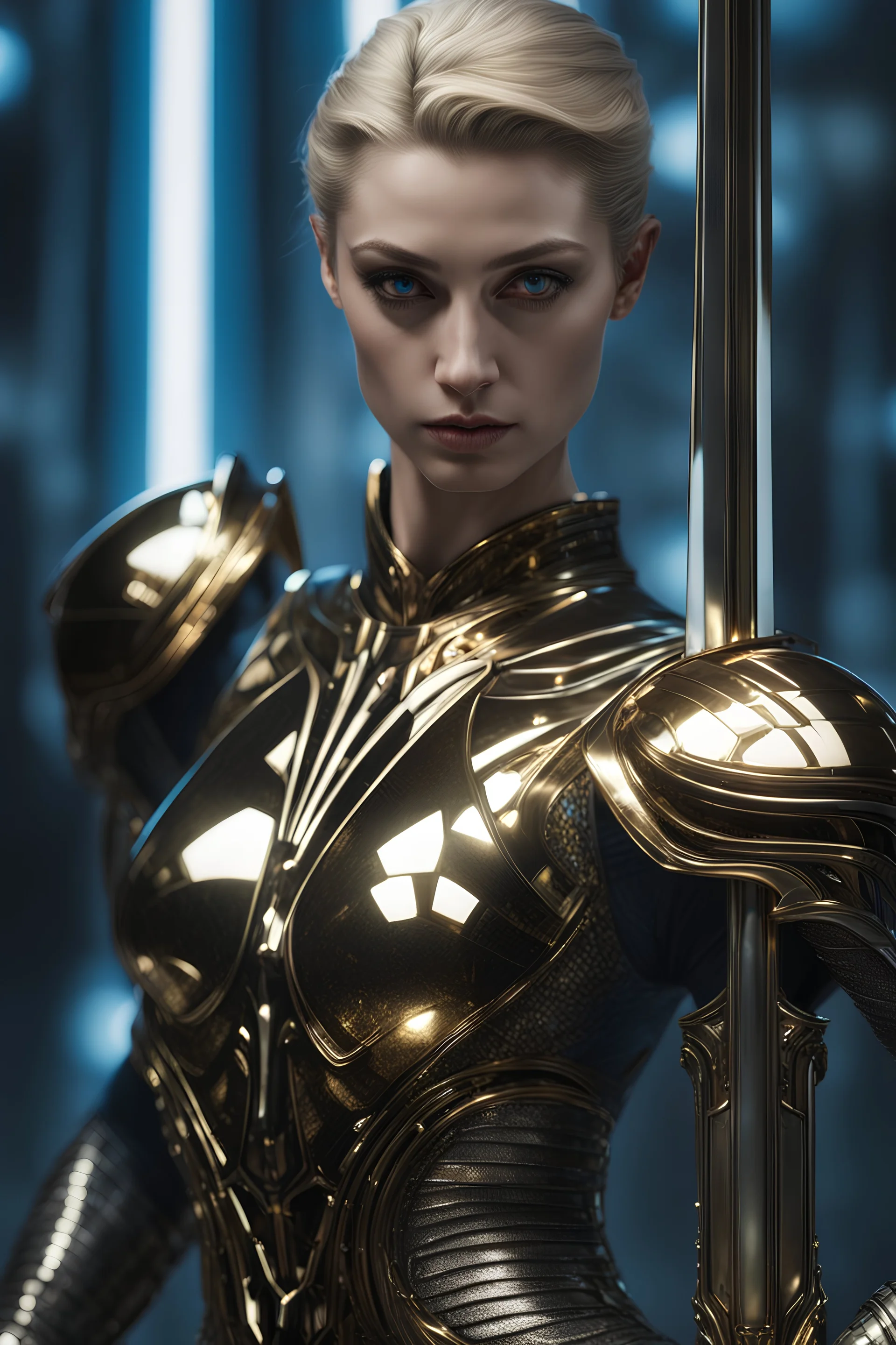 elizabeth debicki gynoid holding great sword, dramatic pose, by hajime sorayama and H.R. Giger, by Enki Bilal and Juan Jimenez, chrome, gold, blue glowing eyes, reflective metal, bokeh, depth of field, intricate details, octane render, photoreal, full length, 85mm, F1.4, Cinestill 800T, duotone,