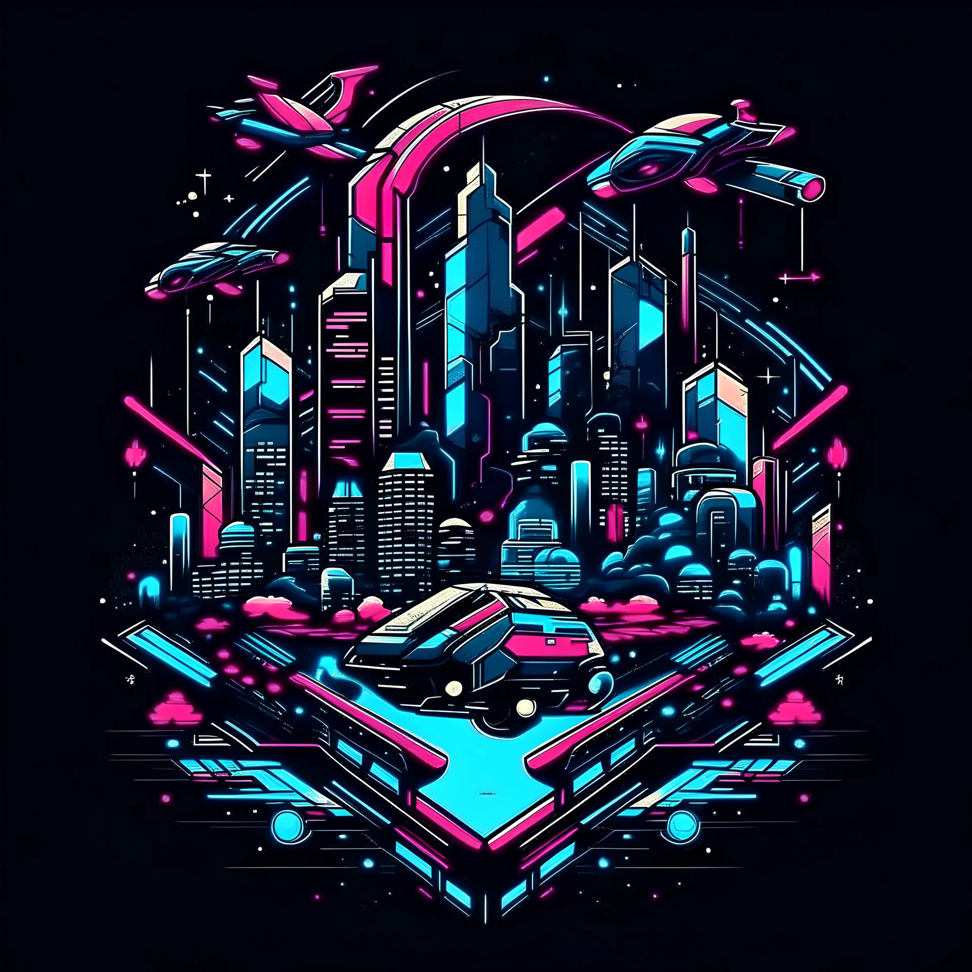 t-shirt vector, A futuristic city skyline with skyscrapers and neon lights, flying cars and hoverbikes zipping through the air