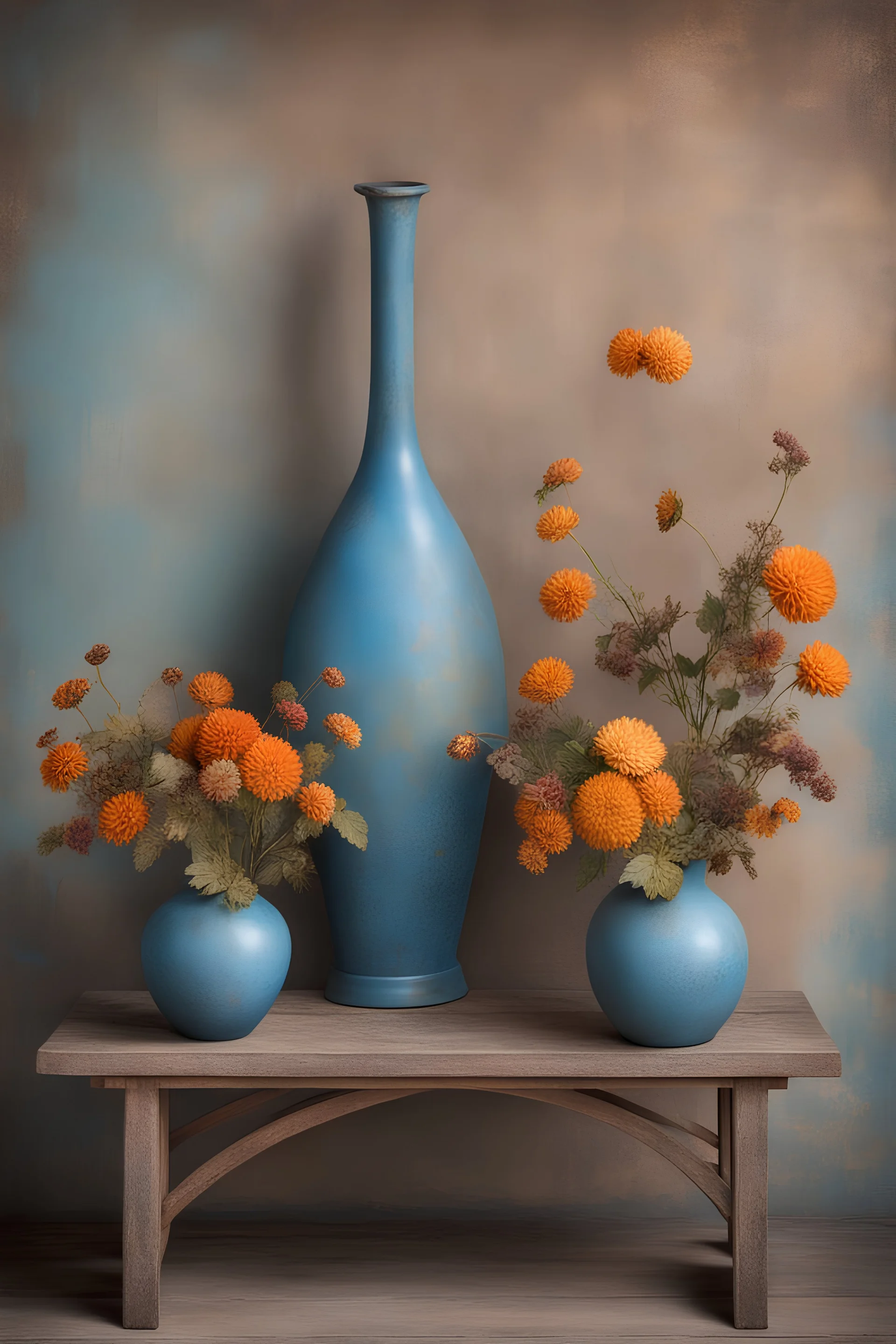 oilpaint of two antique and rusty metallic, worn decoration vases with flowers and leafs over rustic wooden bench, rule of thirds, an old blue color smudged painted wall in the background, beautiful still life