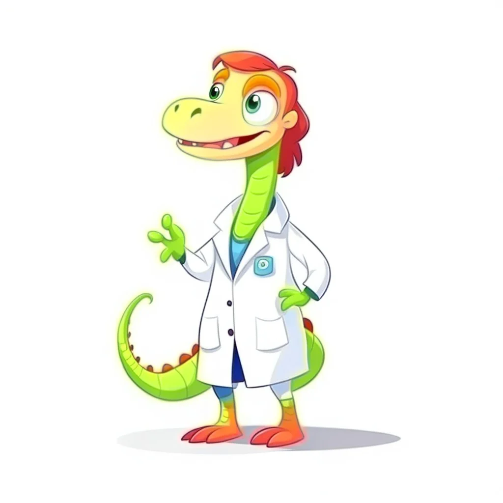 Cartoon illustration for children: Female Dinosaurus in a white doctor's coat, white background