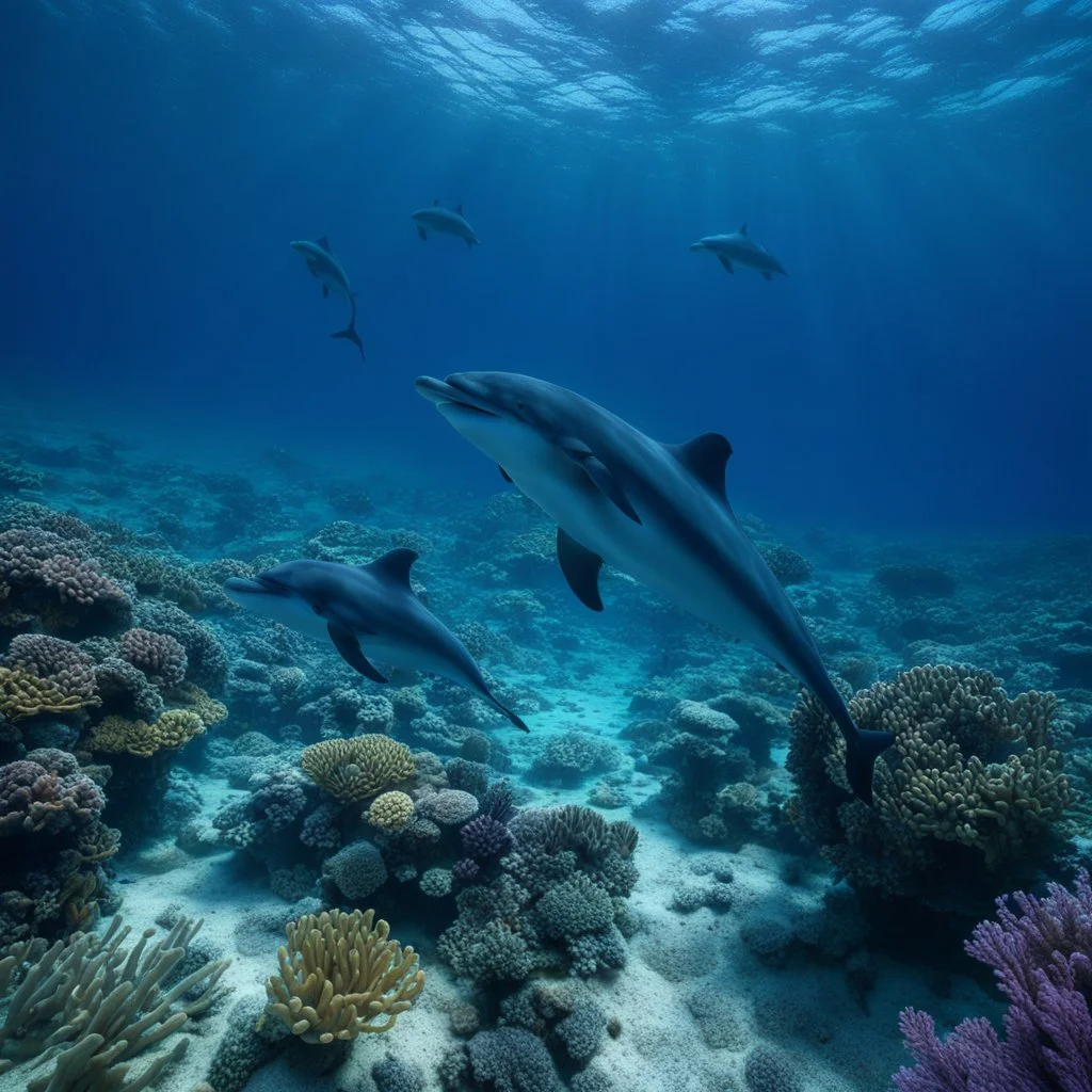 Underwater world in the Red Sea in Egypt, with dolphins and different types and colors of fish, realistic, detailed / HD quality --v 6.0, Canon EOS R5, edge lighting, cinematic lighting, translucency, extrusion and gradient value change, specular darkening and contrast, strong occlusion of the surrounding overlay, depth parallax, photorealistic, 4K , 3D