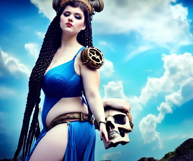 Very sensual gorgeous curvy young white woman brunette hair maiden dressed in blue posing sensually with plaits, and with a skull in her hand, background of ancient marble Roman arcs heavenly sunshine beams divine bright soft focus holy in the clouds steampunk engine steampunk engine.