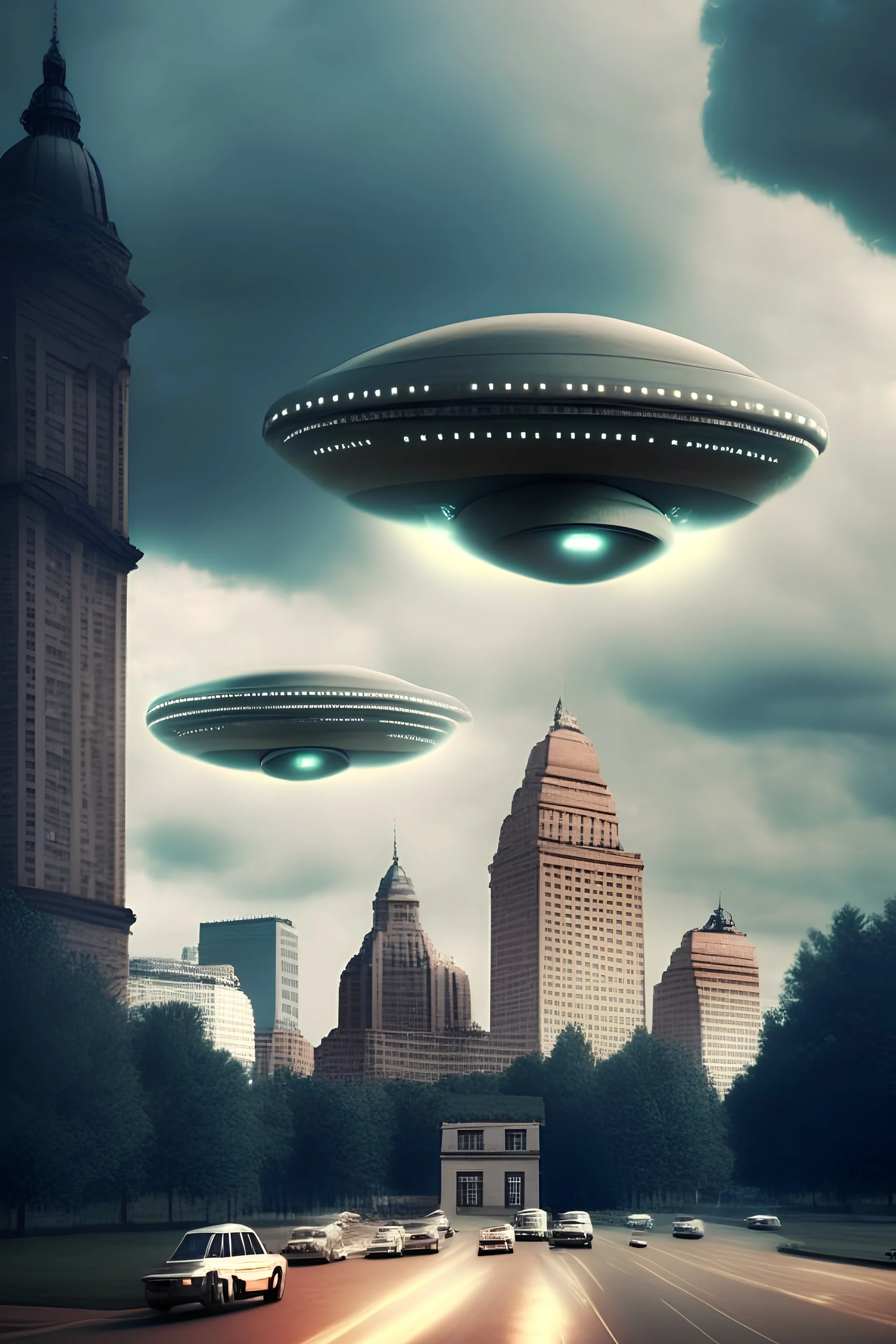 Saint Paul Minnesota being invaded by flying saucers ultra realistic