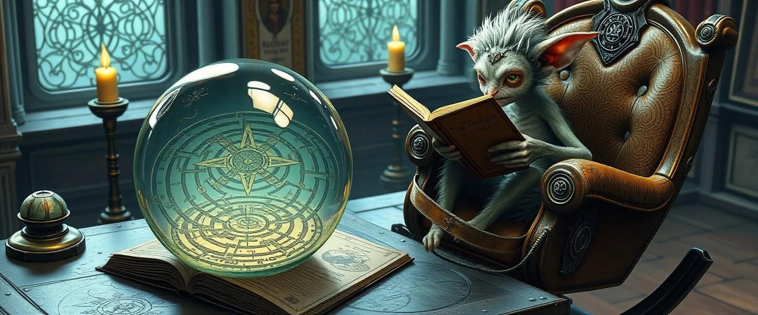 map of labyrinth contained in a glass ball with elemental sigils and symbols on a table beside a book called Rotten Riddles Age with weird illustrations, being read by an fluffy imp gremlin druid librarian in a cyber punk rockin chair in the style of Fallout 4 and Escher