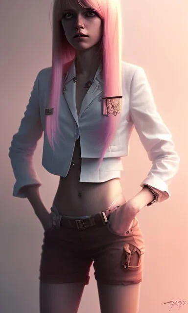 girl, cute, beautiful, pink hair, brown eyes, pigtails, bangs, knife in hand, blood on face, by Greg Rutkowski, big boobs, blazer, yandere