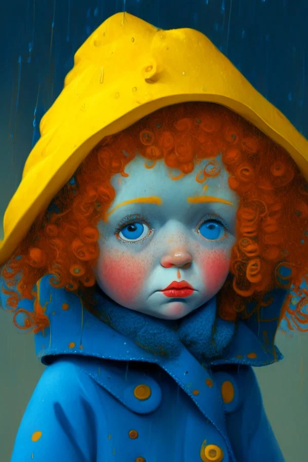 Doll, in a blue-yellow raincoat, with a blue hat, with red curls on her head, brown eyes