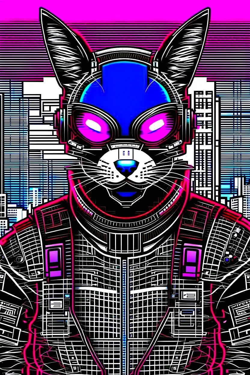 Retrato dibujo de contorno de Catman, negro y rojo con traje cyberpunk, fondo ciudad