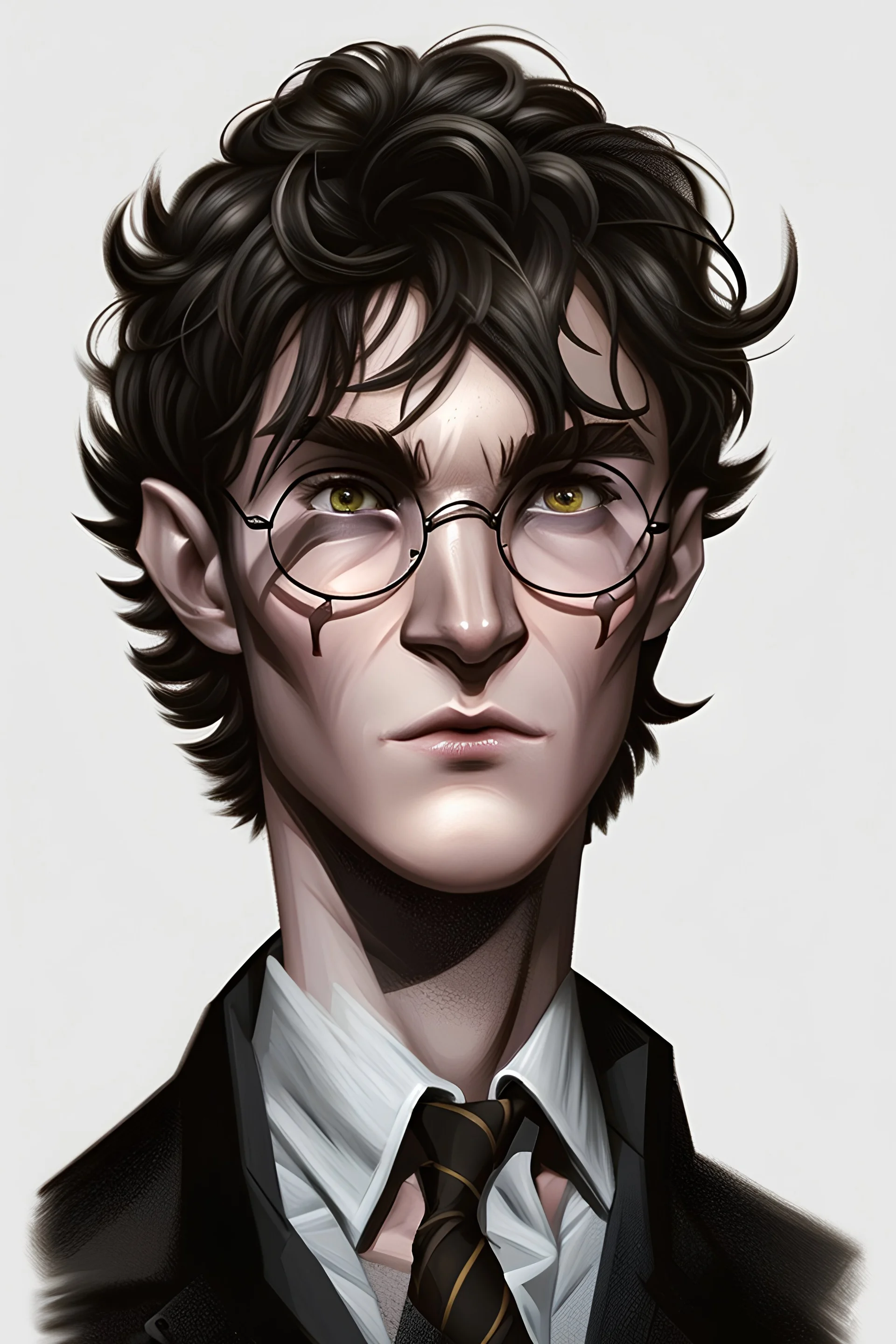 draw a full sorcerer's body, look like harry potter. he is tall, slim and strong. he has short and curly dark hair. he wears round glasses. he has a a medium mouth and a large scar on the face.