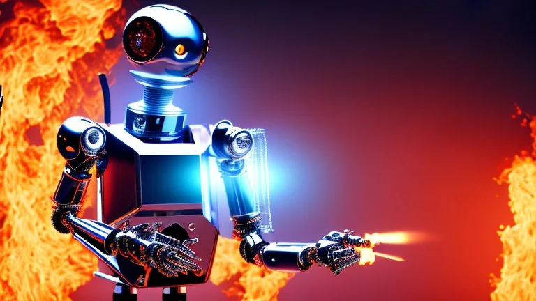 4K, robot-style terminator playing guitar in a burning radio studio.