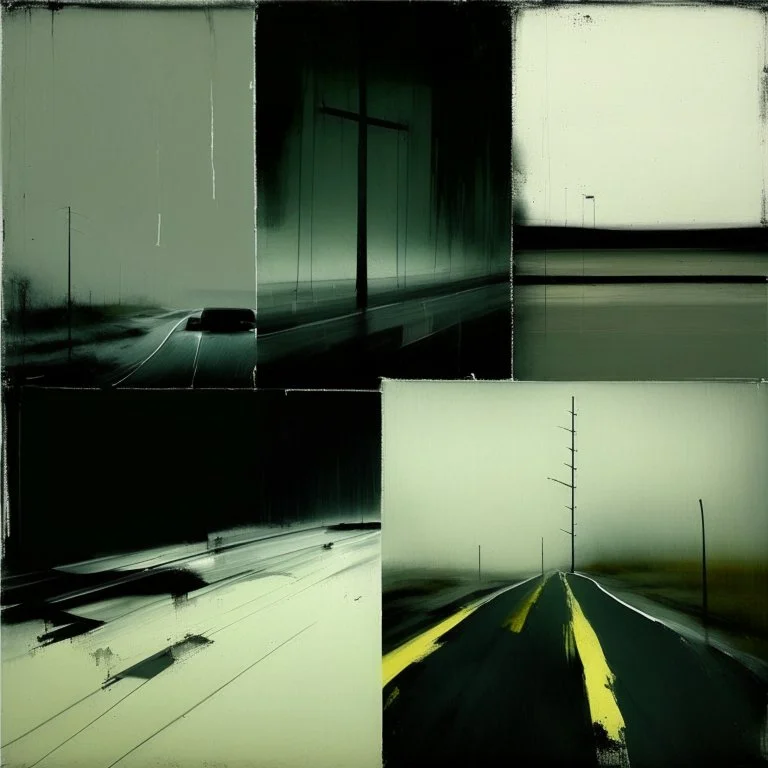 Minimal abstract oil paintings of a desolate concrete 1960s carpark. Road with distant Blurry lights. On the floor are concrete fragments and road markings . In the dark mysterious style of Justin Mortimer and Francis Bacon.