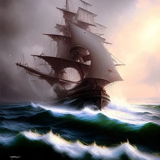 frank frazetta style, pirate ship, ocean, storm, night, sea monster