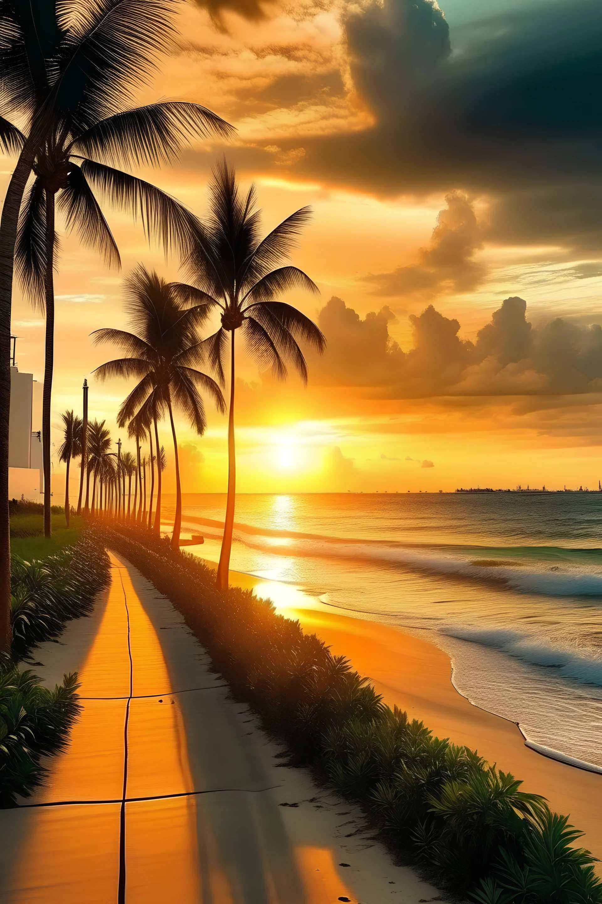 picture of ocean drive, With the view of the ocean, with the setting sun, brighter, palms