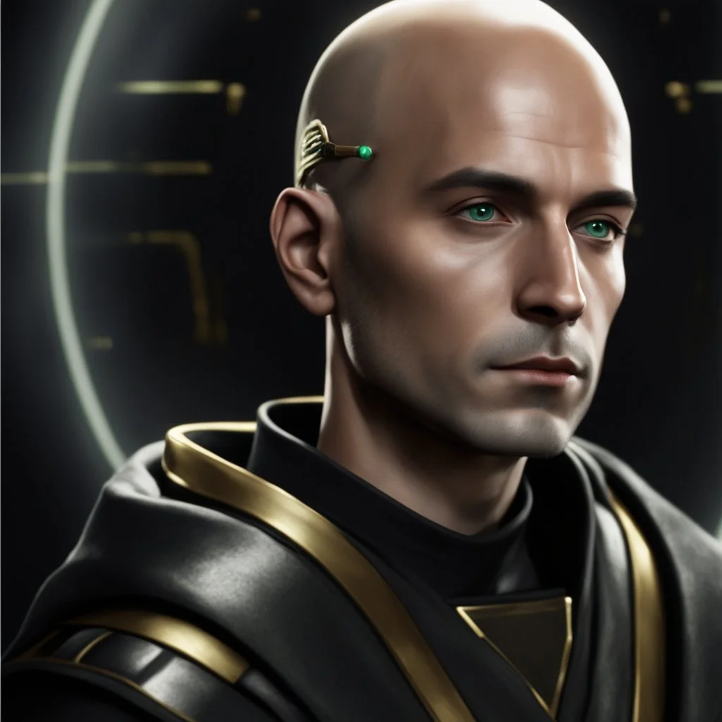 star wars bald male corellian jedi pilot wearing gunmetal grey and black old republic armored robes with gold trim inside the jedi temple holding a lightsaber with viridian green blade in left hand, centered head and shoulders portrait, hyperdetailed, dynamic lighting, hyperdetailed background, 8k resolution, volumetric lighting, light skin, fully symmetric details