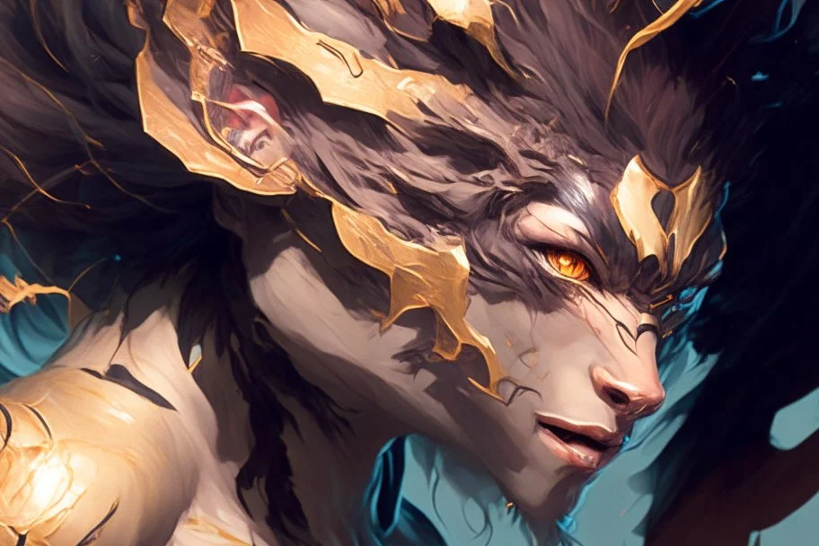 hyper-closeup Chimera beast character, in the style of Artgerm, Stanley Lau, energetic brushwork, elaborate details, semi-realism, dynamic compositions, anime-inspired, powerful, layered textures, graphic novel aesthetic