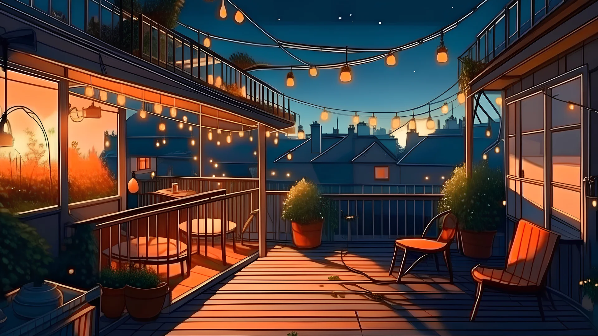 View over cozy outdoor terrace with outdoor string lights. Autumn evening on the roof terrace of a beautiful house with lanterns, digital ai art By