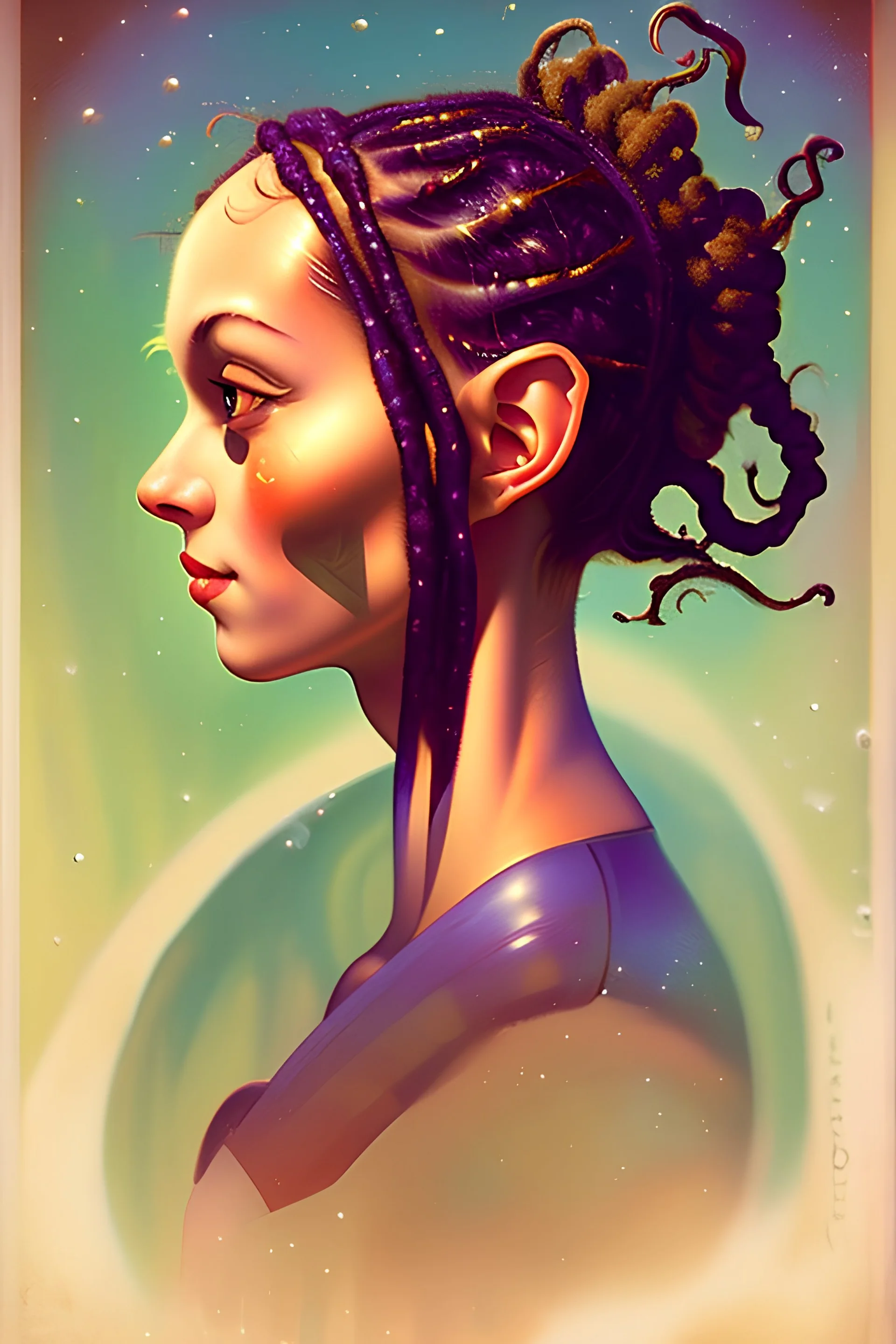 A beautiful alien in space with dreadlock hair. Styled in a Norman Rockwell art style