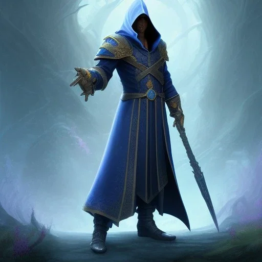 handsome hooded male mage with dark blue mage outfit with floral and botanical details, sharp eyes, mixed gemstones, magic, intricate, high details