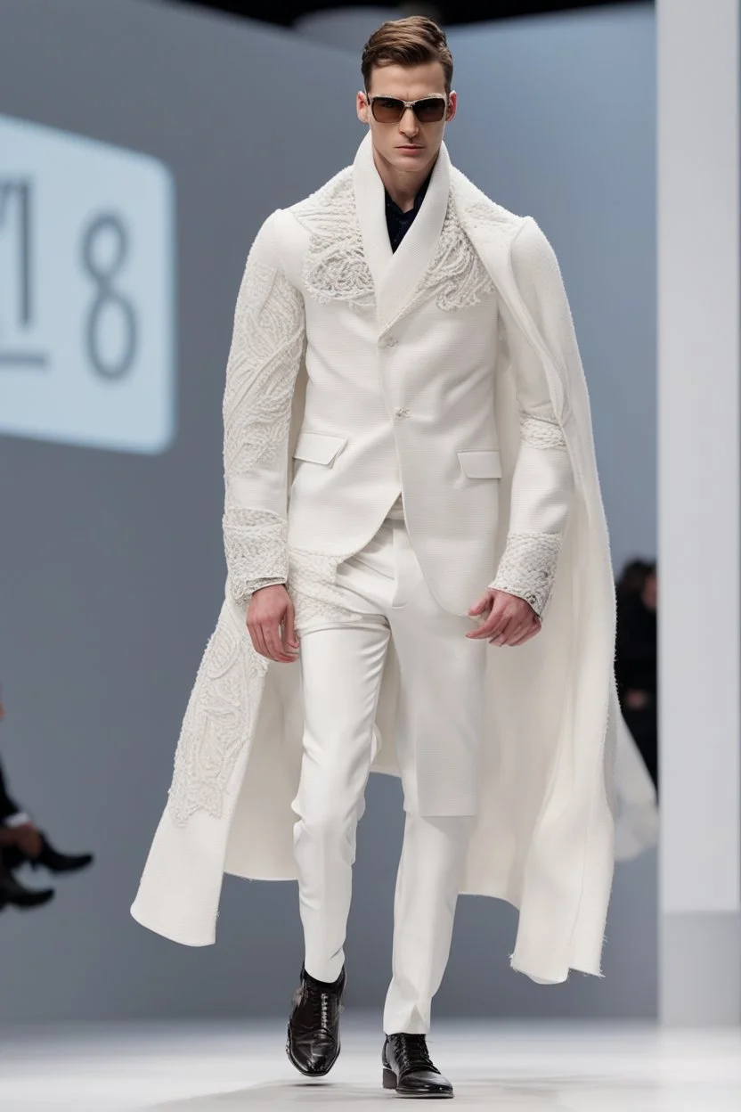 A guy on a winter fashion runway with moderna clothes inspired by Superman style, embroidery elegante fashion white tones