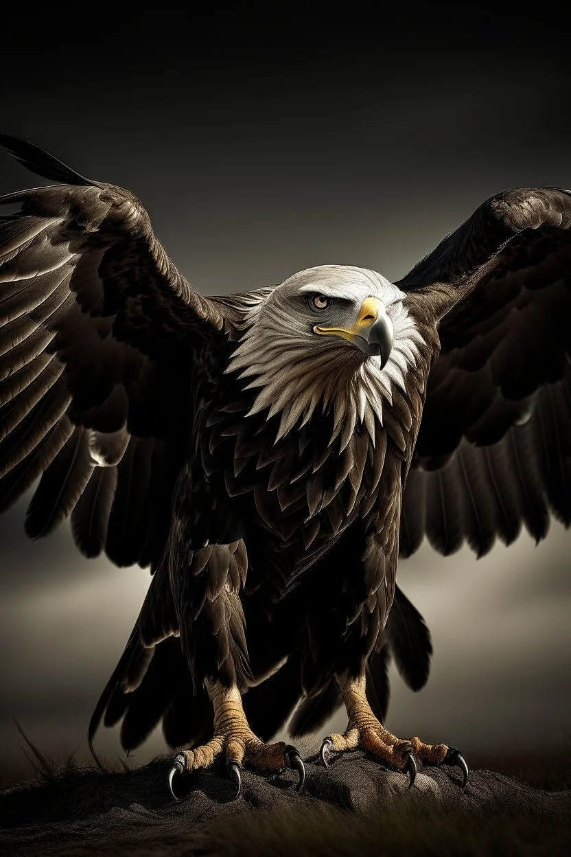 A captivating image of a attacking angry Bald Eagle in its natural habitat., poised on a vast field with a stark contrast between light and dark, conveys a powerful sense of tension. In this expertly captured photograph, the predatory animal stands tall, its muscular frame oozing strength and dominance. The sharpness of every detail accentuates the creature's primal aura, from its razor-sharp teeth and piercing eyes to its sleek, glossy fur. This mesmerizing image.