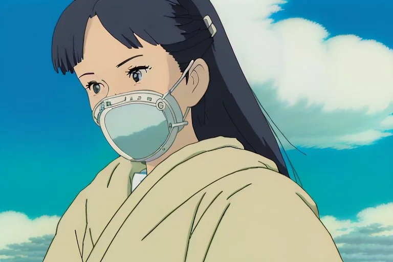 A compelling movie poster for 'Whispering Winds', depicting Yui wearing her respirator, gazing resolutely at the viewer. The reflection in her goggles shows the lush biodome against the contrasting bleak, smoggy cityscape. The tagline 'In the breath of nature lies our survival' is written at the bottom.