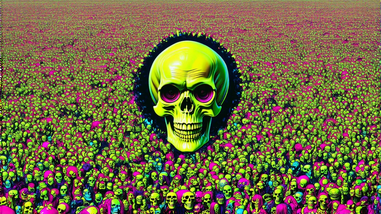 mars attacks a field of 1000s of cartoonish, anatomically correct, skulls, vivid RANDOM BRIGHT neon colors, dark comedy, well lit, high detail, photorealistic, horrorcore, fun, scary, none featured, each a different color or hue,
