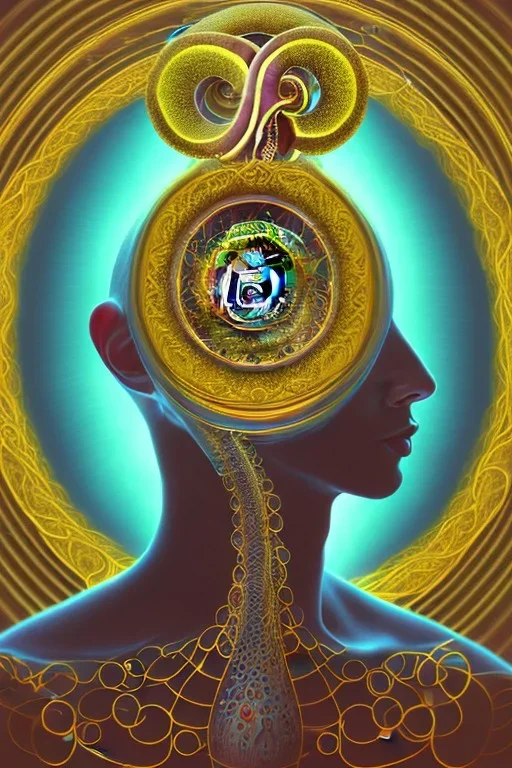 Spiritual being with Tentacles over human Head creating reality around, wrapping Spiral around Human, Psychedelic