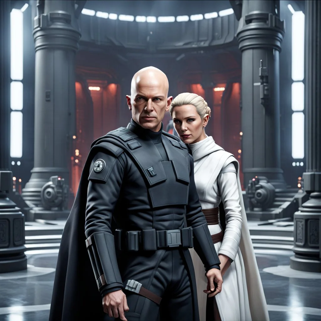 a bold and heroic bald male Corellian pilot in black and grey First Order special forces gear meets a female Jedi Master in ancient, mystical temple, hyperdetailed, dynamic lighting, hyperdetailed background, 8k resolution, volumetric lighting, light skin, fully symmetric details