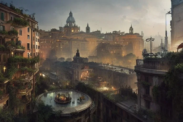 Tevere+river+Bar on garden rooftops +Rome mixed new york +Skyscraper +steampunk+biopunk+alphonse mucha, greg rutkowski,matte painting, cryengine, hyper detailed, felix kelly, fantasy art, seb mckinnon