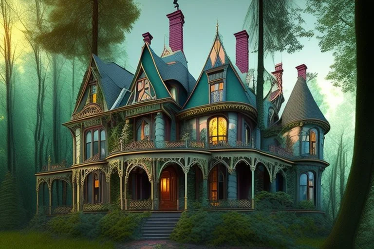 fantasy victorian house surrounded by forest