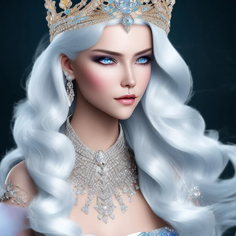 Ice Princess with white hair, a crown with precious stones, bright background